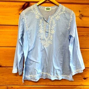 Dolma Light Blue Embroidered Long Sleeve Blouse M